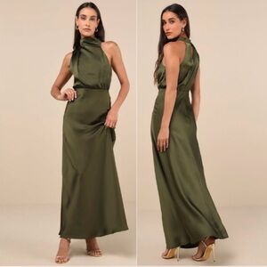 Lulus Distinctive Charm Olive Green Satin Asymmetrical
Maxi Dress, SZ XL,‎ NWT